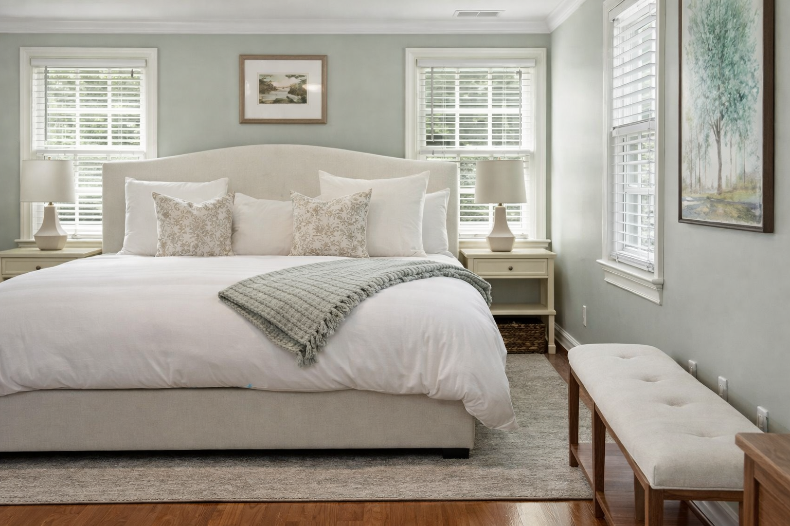 A cozy bedroom with a large bed covered in white linens and decorative pillows, flanked by two bedside tables with matching lamps, and featuring multiple windows with white blinds, light-colored walls, framed artwork, and a small bench at the foot of the bed.