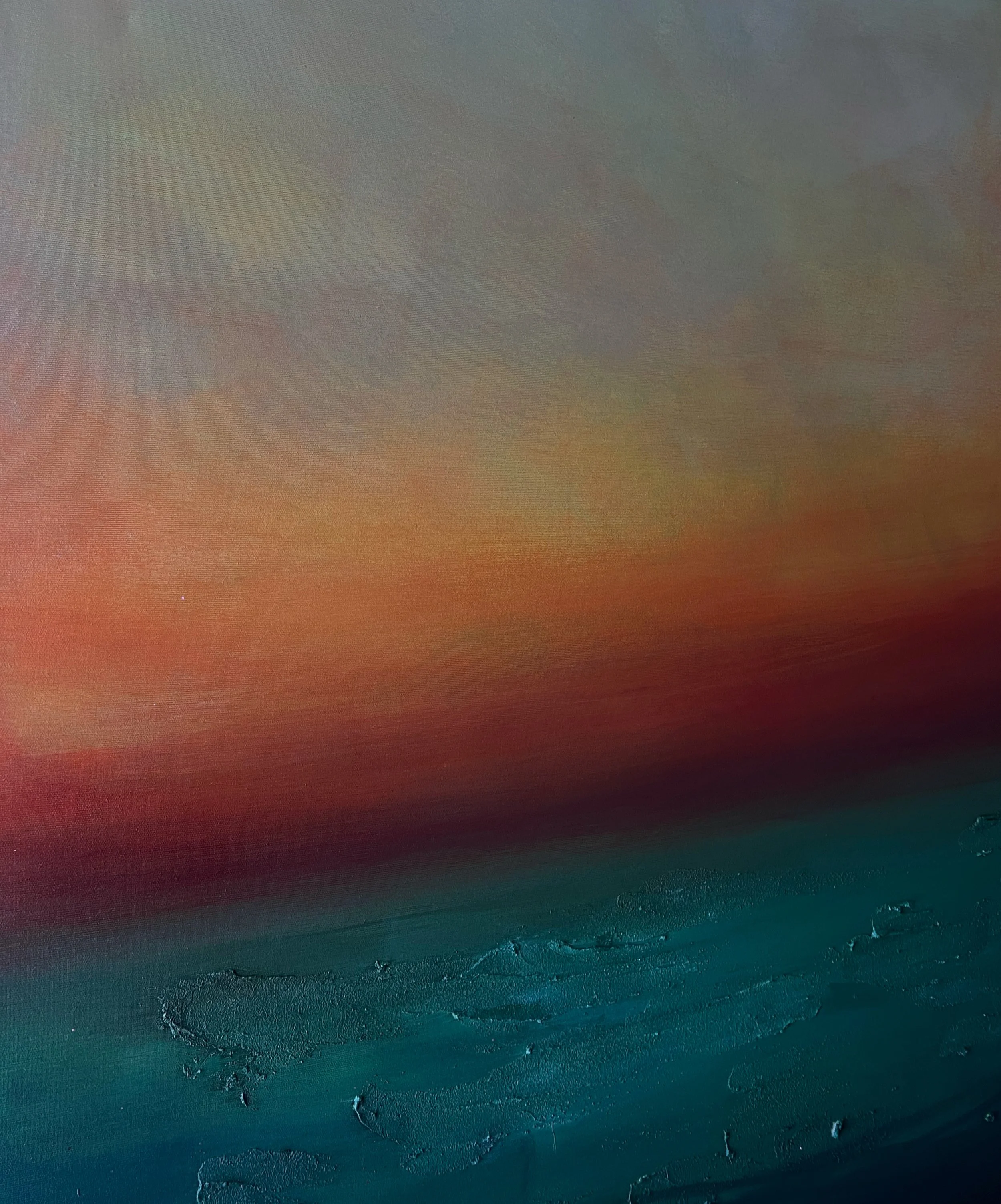 Abstract landscape painting with a gradient sky in shades of blue, orange, and gray over a textured teal and dark green land or water surface.