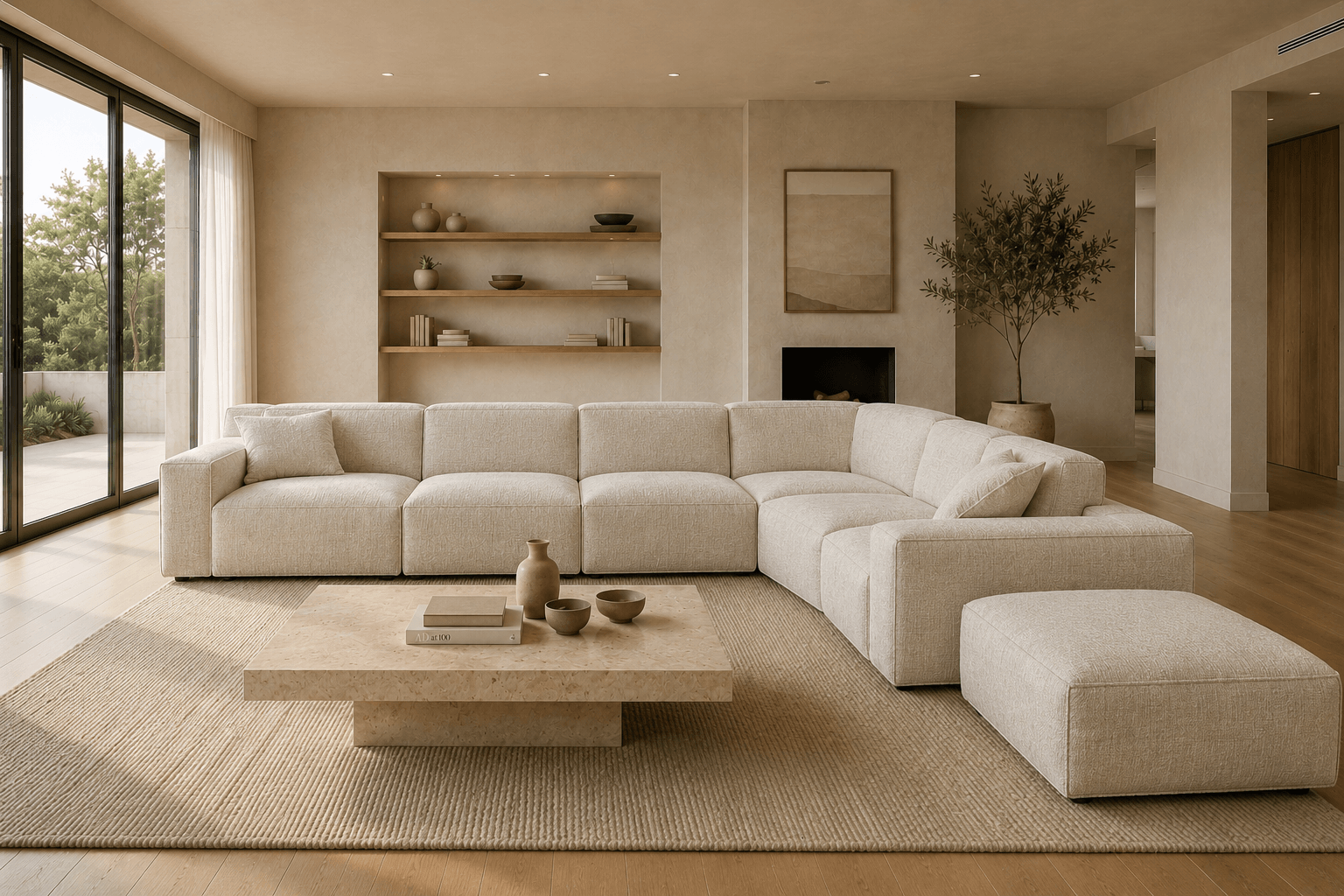 A modern living room with a large beige L-shaped sectional sofa, a contemporary stone coffee table with decorative vases and bowls, a built-in shelving unit with vases, bowls, and books, a fireplace, a large potted plant, and sliding glass doors with curtains leading to an outdoor space.
