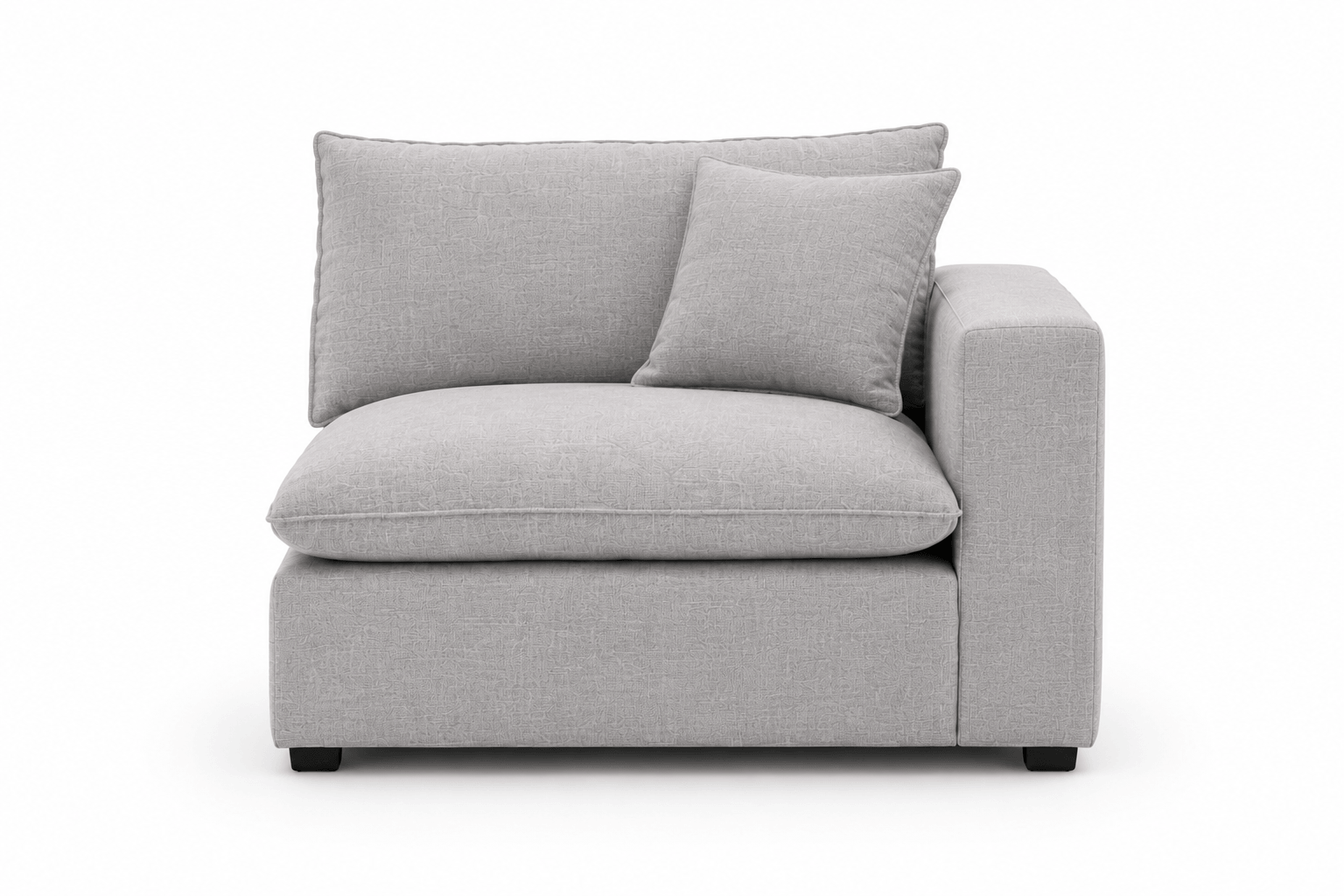 Light gray upholstered armchair with two matching pillows, showcasing a minimalist design against a plain white background.
