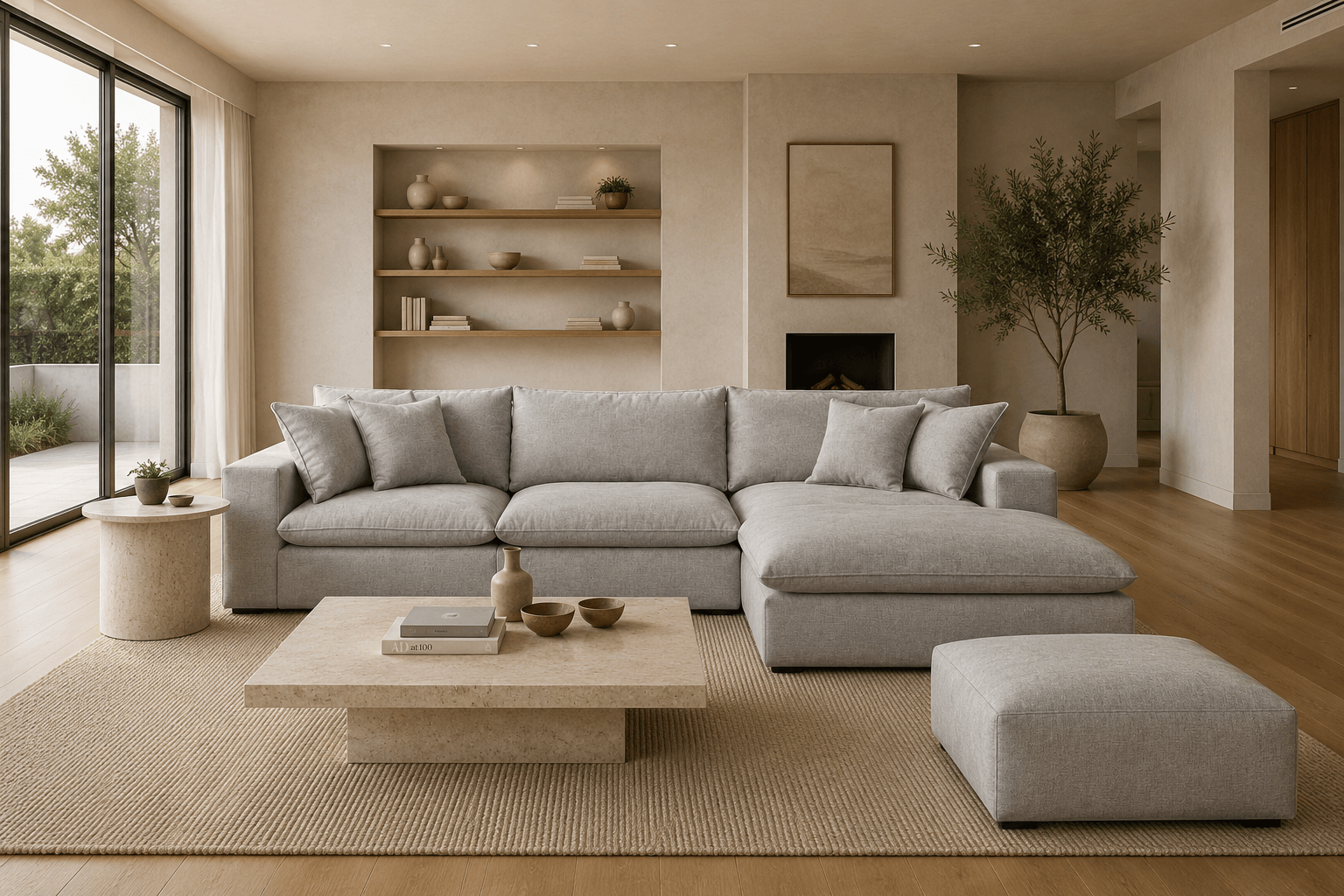 Modern living room with a large light gray sectional sofa, a matching ottoman, a beige rug, and minimalist decor. Contains a sliding glass door, a built-in bookshelf with vases and books, a tree in a planter, and a fireplace with artwork above.