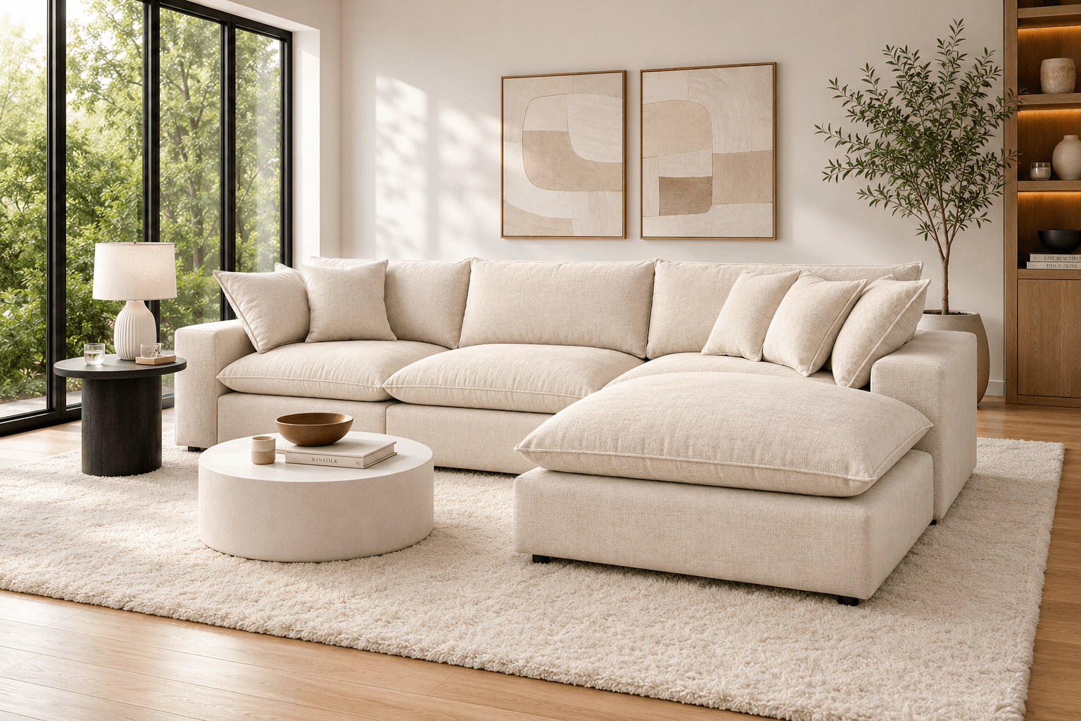 Bright living room with beige sectional sofa, black side table with lamp, white coffee table with decorative objects, abstract art on wall, potted plant, large window with greenery outside, neutral color palette, plush rug, wooden flooring, and built