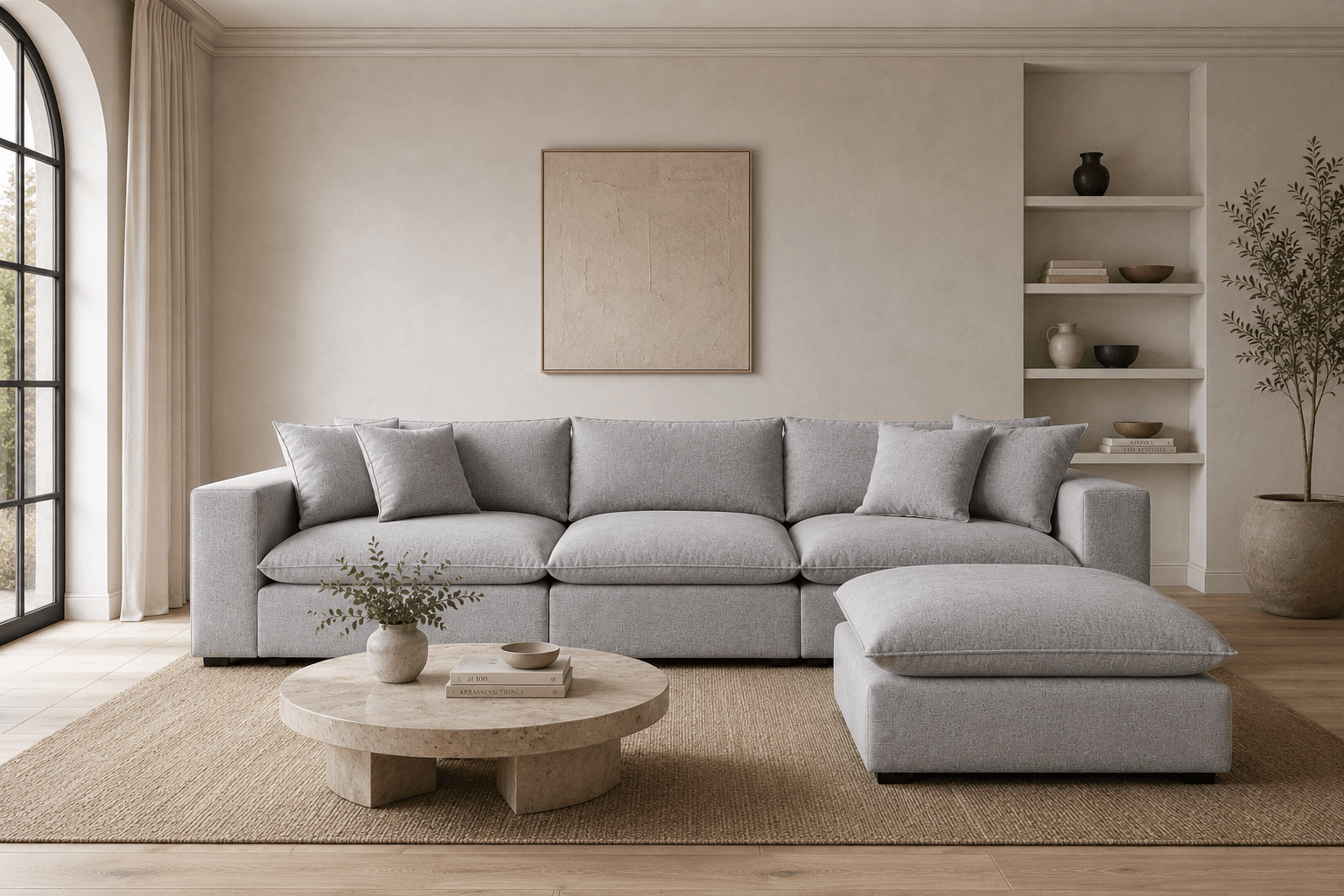 Living room with a light gray sofa, throw pillows, a round beige coffee table with a small plant and books, a built-in shelf with decorative items, a large potted plant, and a window with curtains.