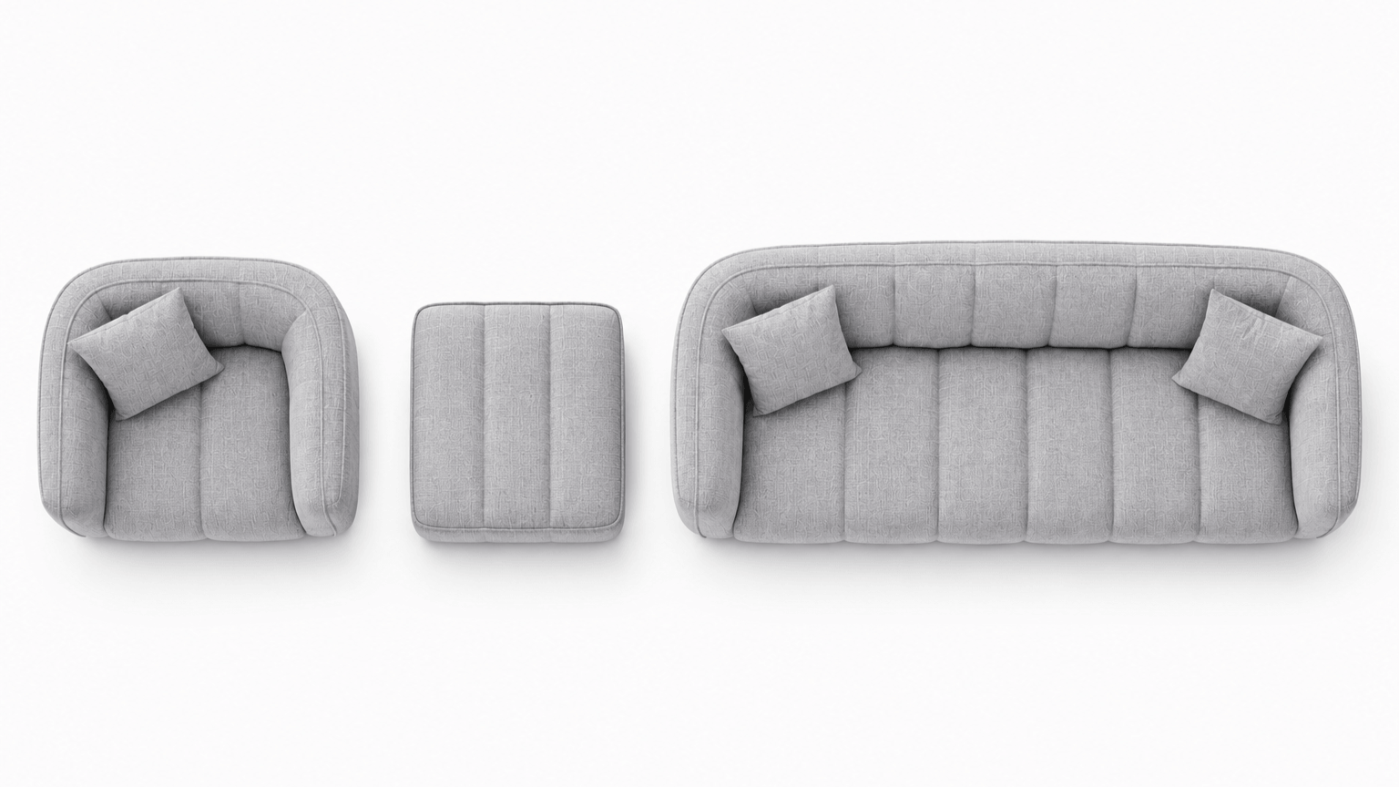 Top-down view of a set of gray modern furniture including a single armchair, a square ottoman, and a long sofa, all with matching pillows, arranged in a row on a white background.