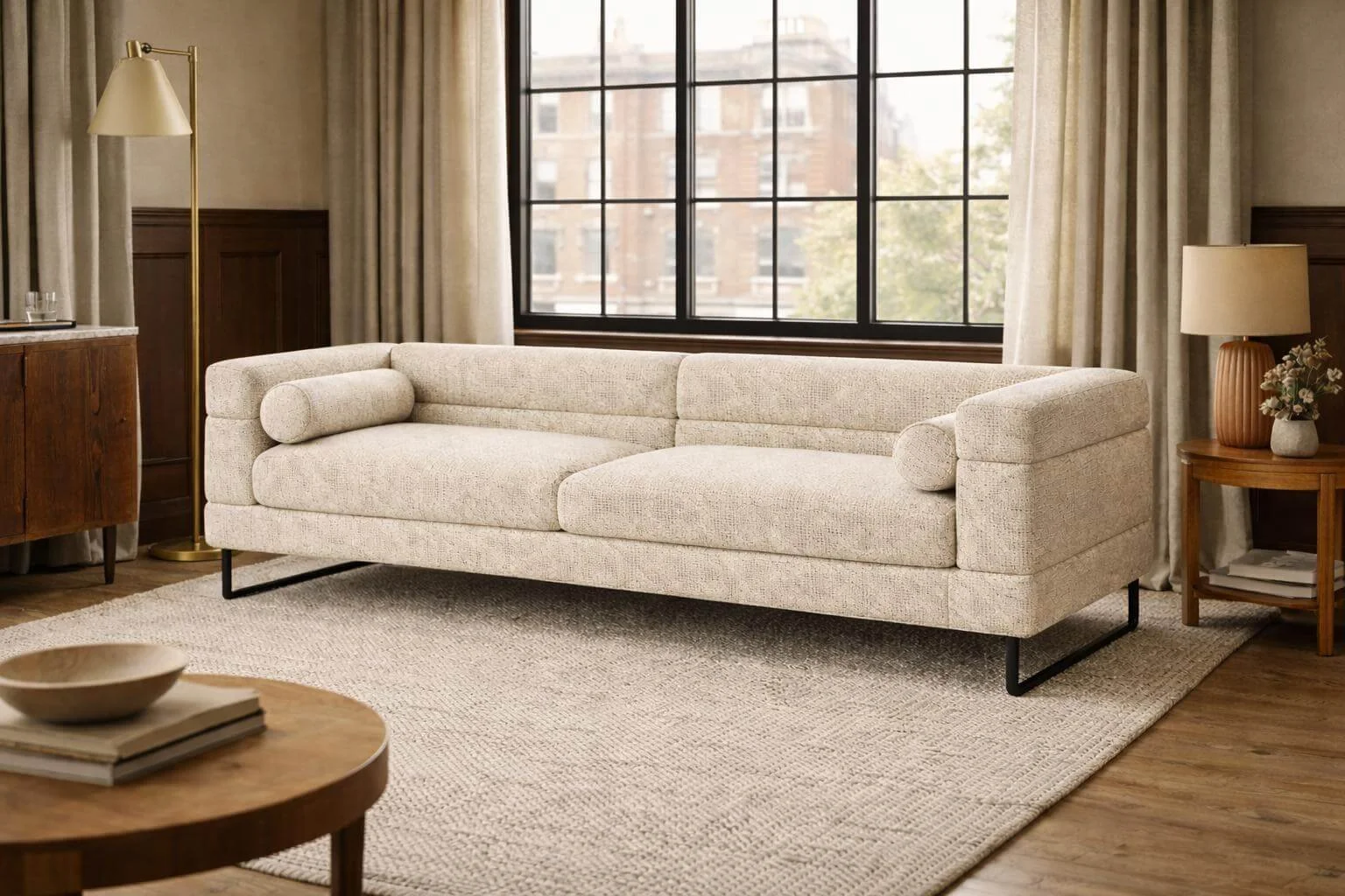 Living room with beige sofa, wooden side table with lamp and flowers, large window with curtains, and a round coffee table.