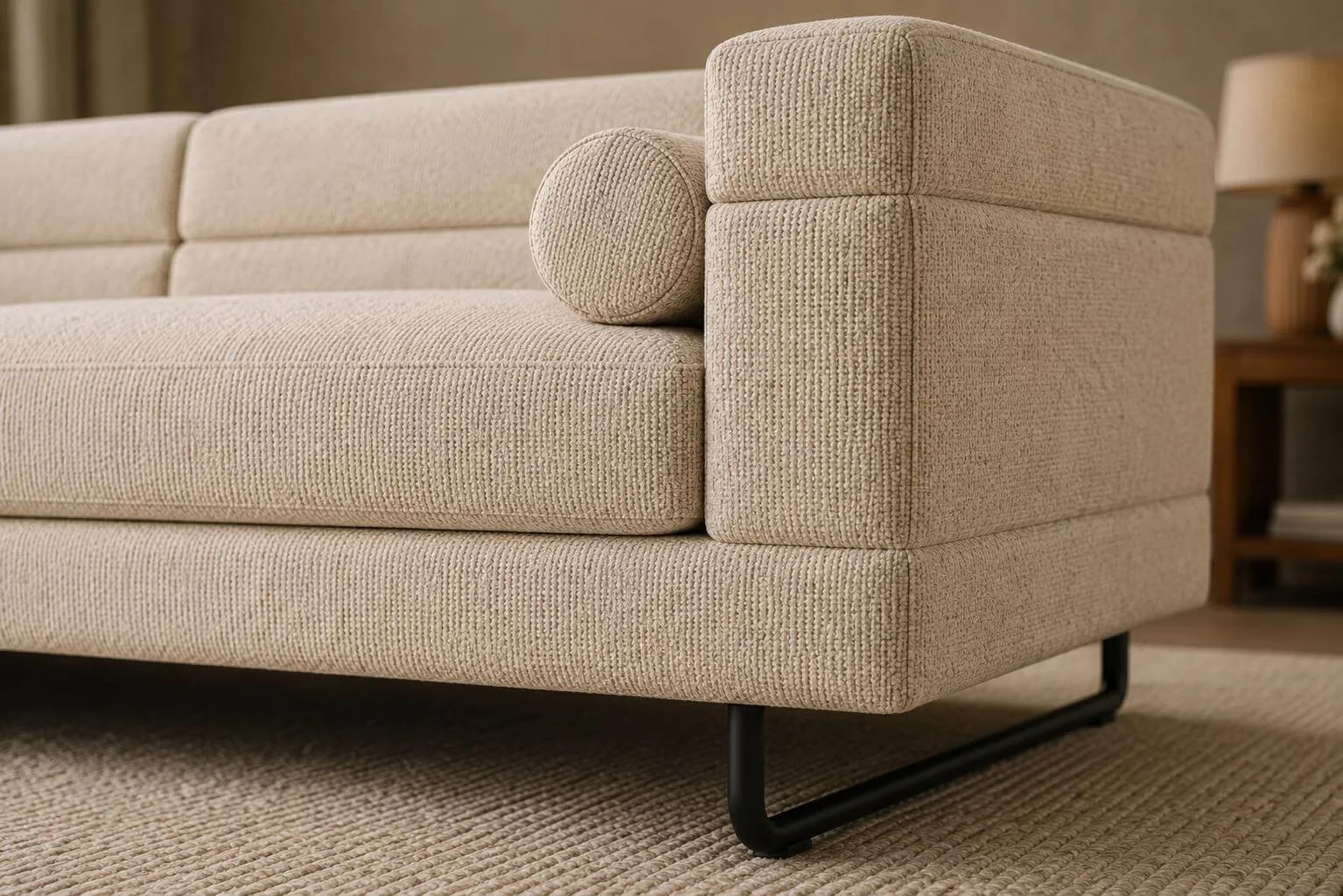 Close-up of a beige fabric upholstered sofa with black metal legs, a round bolster pillow, and a side table in the background.