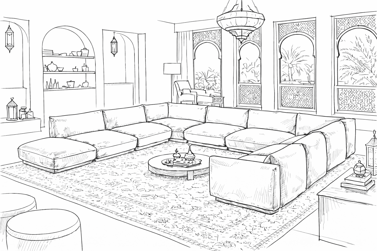 A black and white line drawing of a living room with a large, L-shaped sofa, a round coffee table with decor items, a patterned area rug, windows with views of trees, shelves with decorative items, and a chandelier hanging from the ceiling.