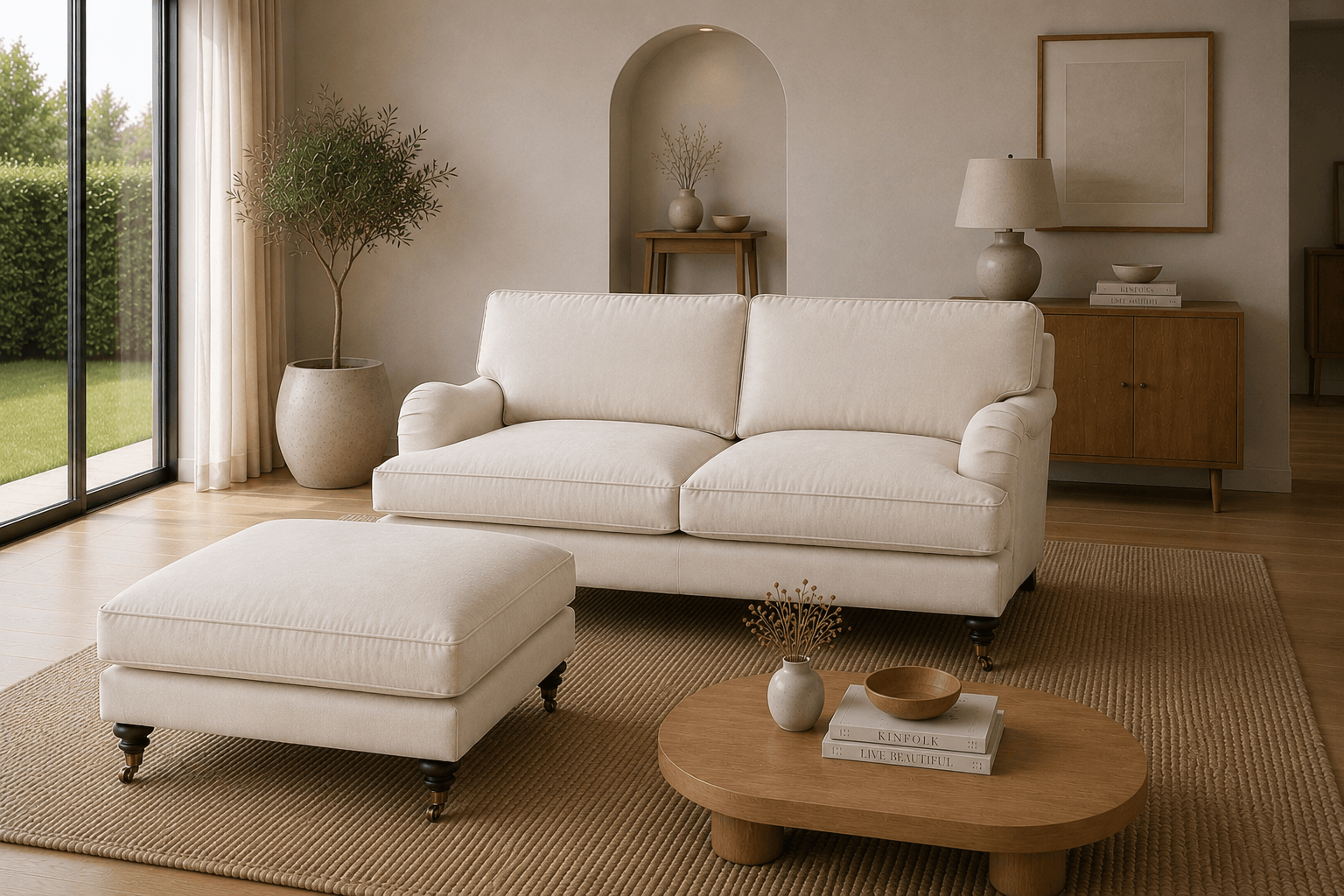 A contemporary living room with a cream-colored sofa, matching ottoman, and wooden coffee table. A large potted plant is near sliding glass doors, with natural light illuminating the space. Decor includes a wooden sideboard with a lamp, framed artwor