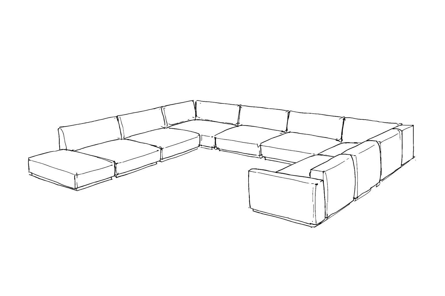 Black and white sketch of a large L-shaped sectional sofa with cushions.