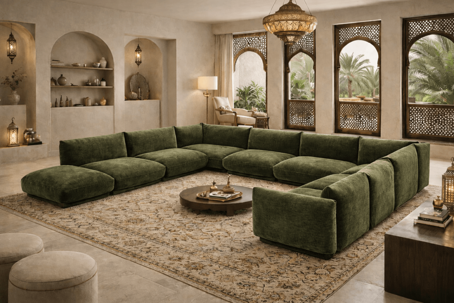Living room with a large green sectional sofa, decorative shelving, lanterns, a round coffee table, and palm trees outside window.