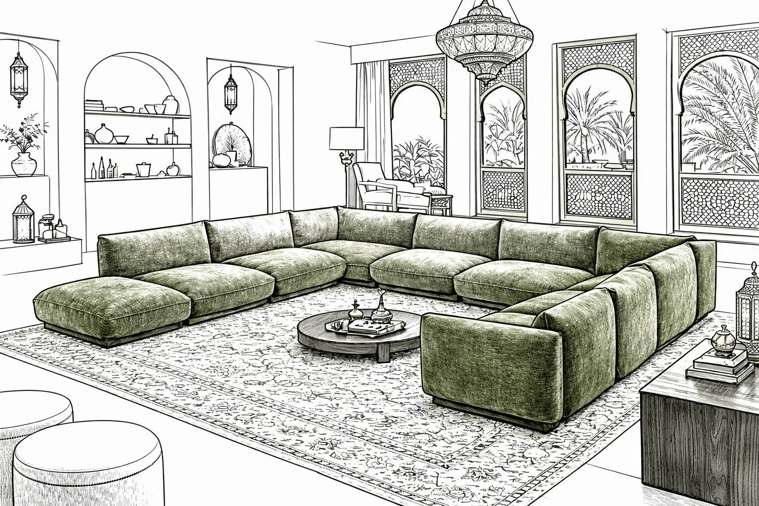 A living room with a large, plush green sectional sofa on a patterned rug, a round coffee table with decorative items, large arched windows with outdoor plants, a armchair with a floor lamp, and built-in shelves with decorative objects. A chandelier hangs from the ceiling.