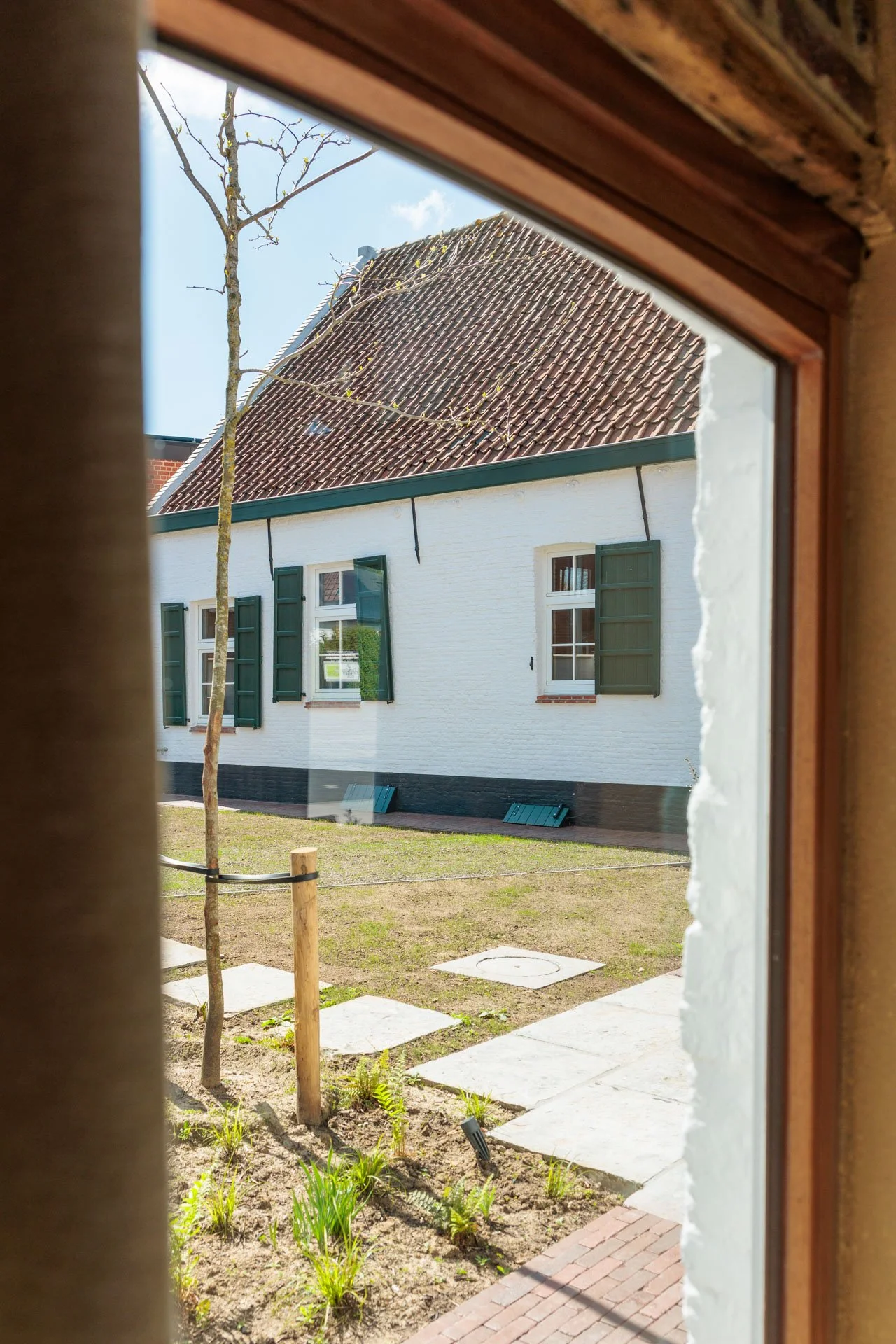 De foto wordt genomen vanuit een raam en laat een witte huis met groene luiken en een rood dak zien, met een boom in de voortuin en een betonnen pad.