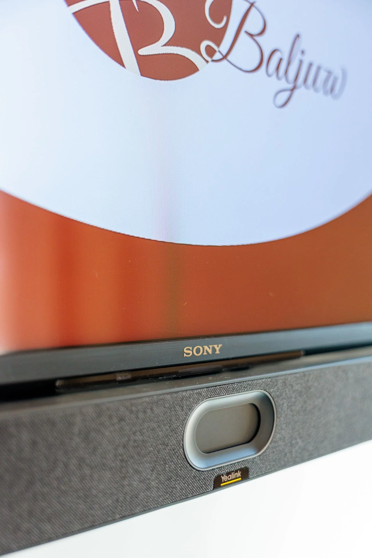Een close-up van een Sony televisie met een rood en wit logo en een bedieningsknop onderaan, met een speaker eronder.