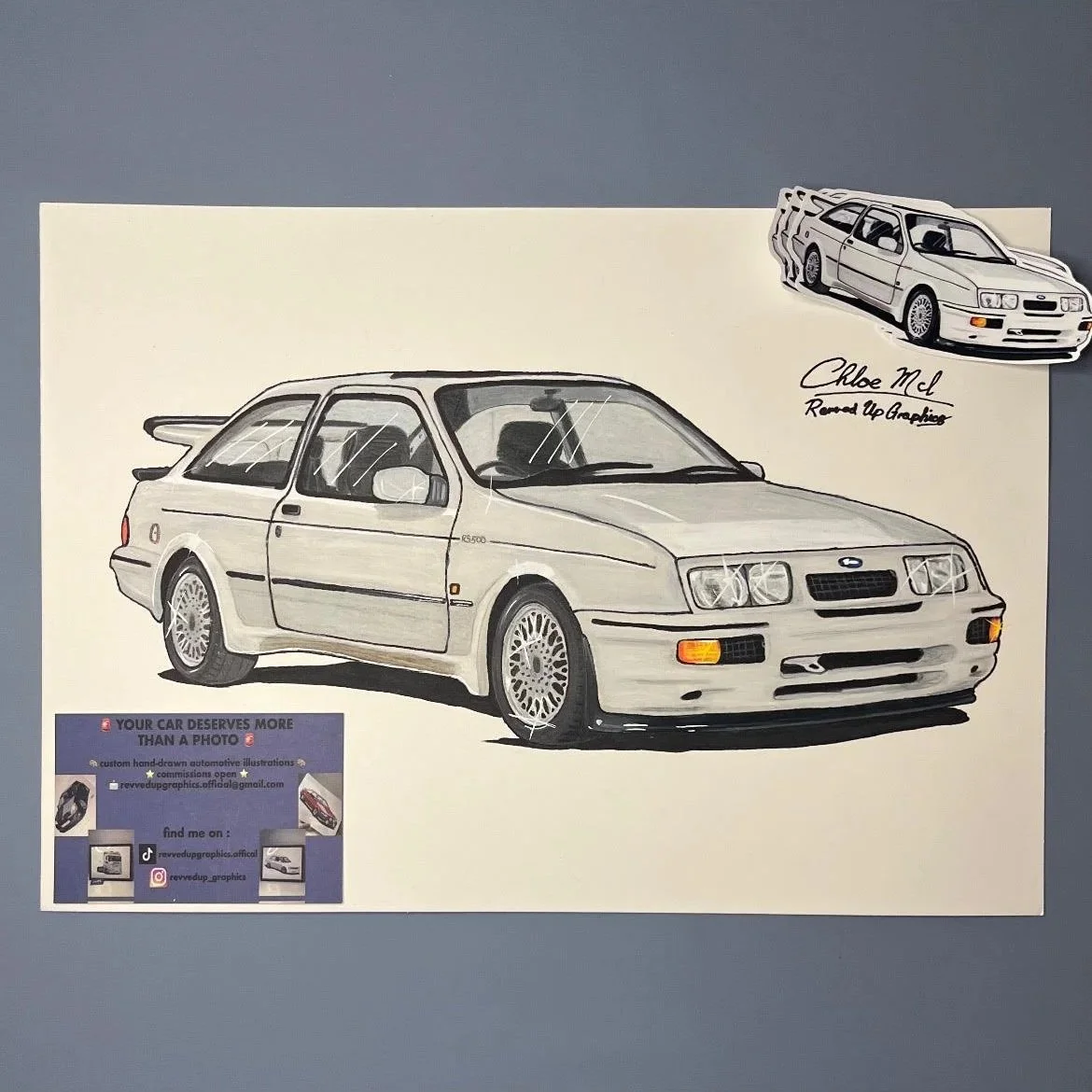Custom illustration of the iconic ford sierra RS500! this order came with 3 custom stickers to complete the full package 🔥

Drawing an icon like this was a pleasure and every hour spent on it was worth it — the RS500 deserves nothing less 🙌 :
⭐ 18 