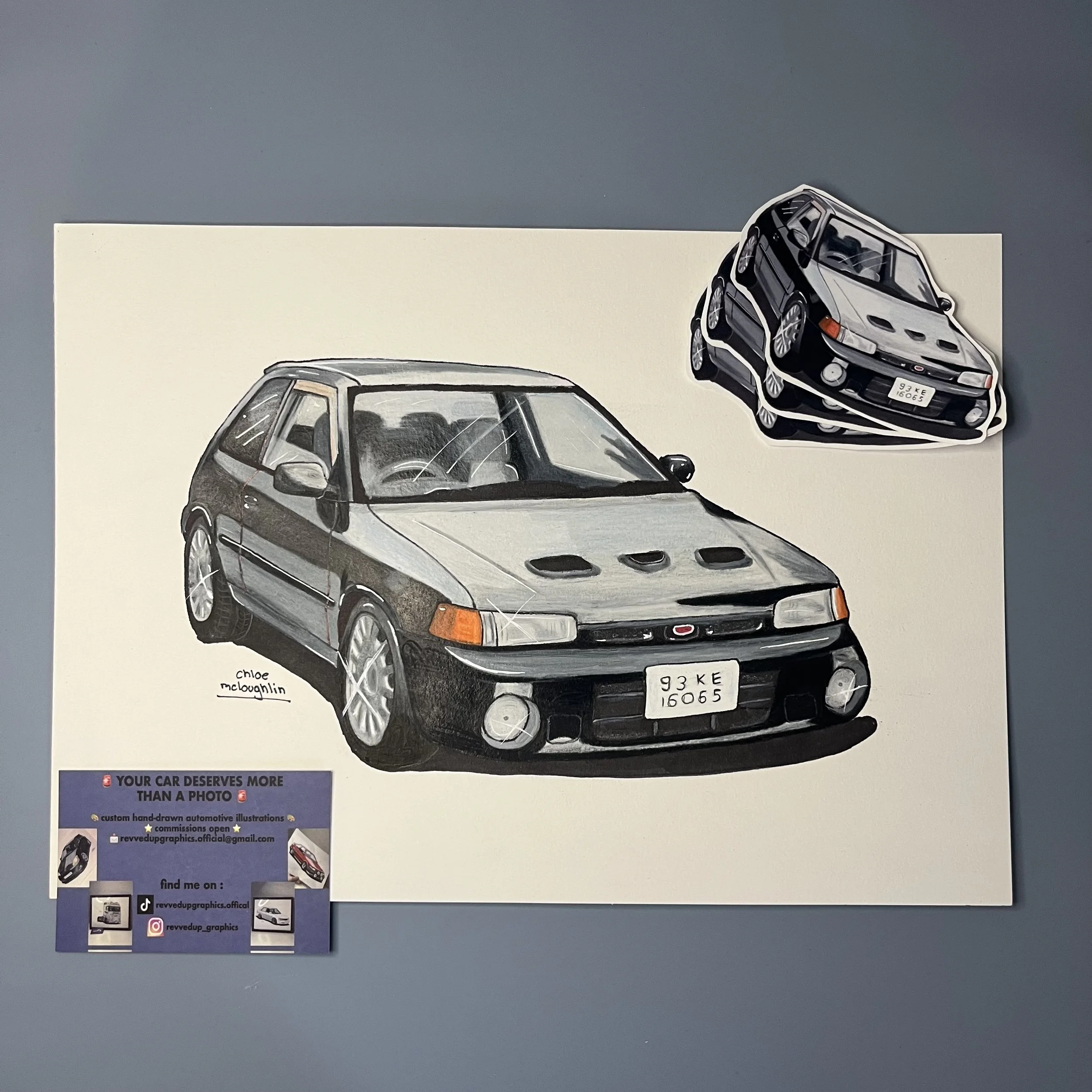 Savage Mazda 323 Familia GTR ready for Japfest! Finished with custom stickers to complete the piece. :
⭐ 20 hours total
✅ 22nd April 2026
✏️ Completed using Prismacolour pencils and Promarkers.