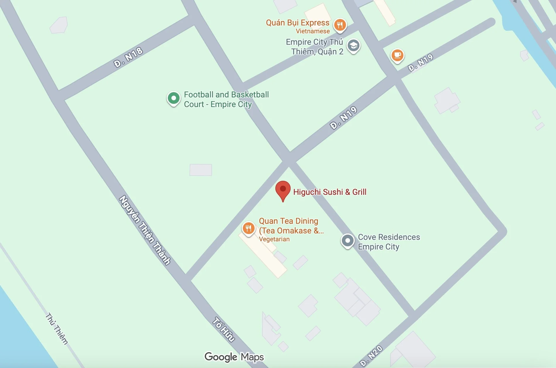Map showing streets and locations in a neighborhood, including Higuchi Sushi & Grill, Quan Tea Dining, Empire City in Thủ Thiêm, District 2, Vietnam.