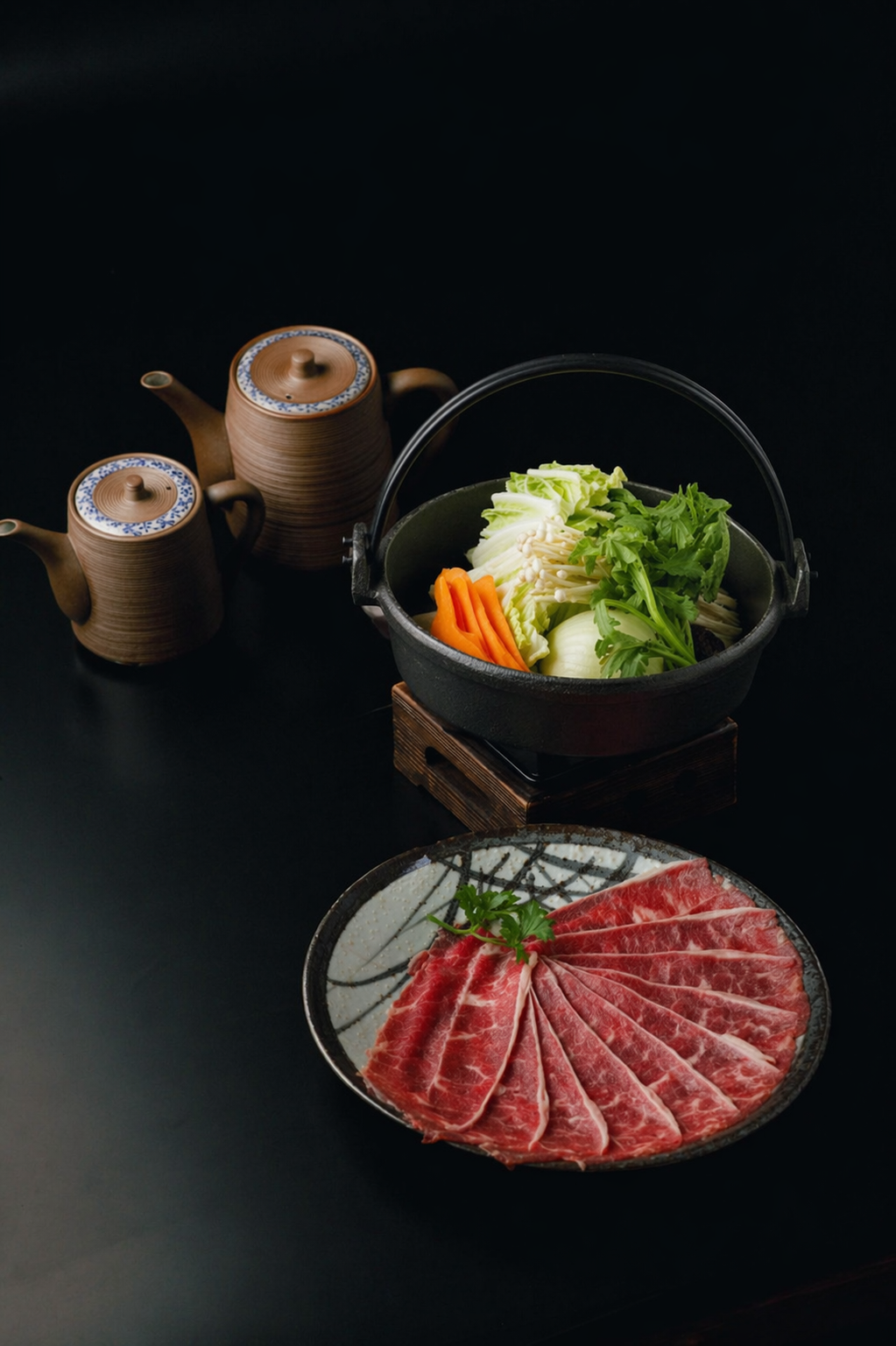Sliced raw beef, fresh vegetables in a pot, and a traditional teapot set on a black background.