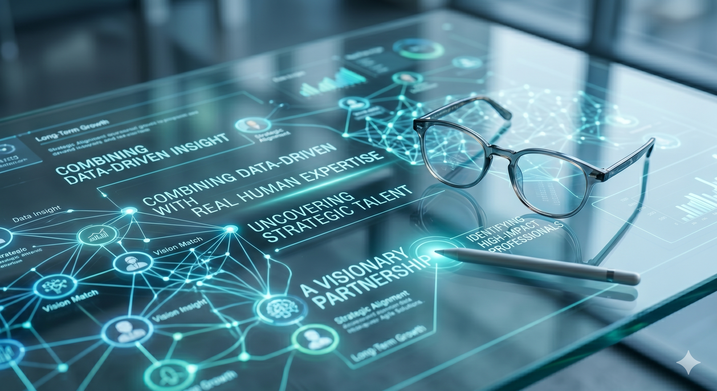 Gráfica de NGN Labos Solutions mostrando una red de datos para la contratación estratégica y asociación visionaria basada en datos y experiencia humana.