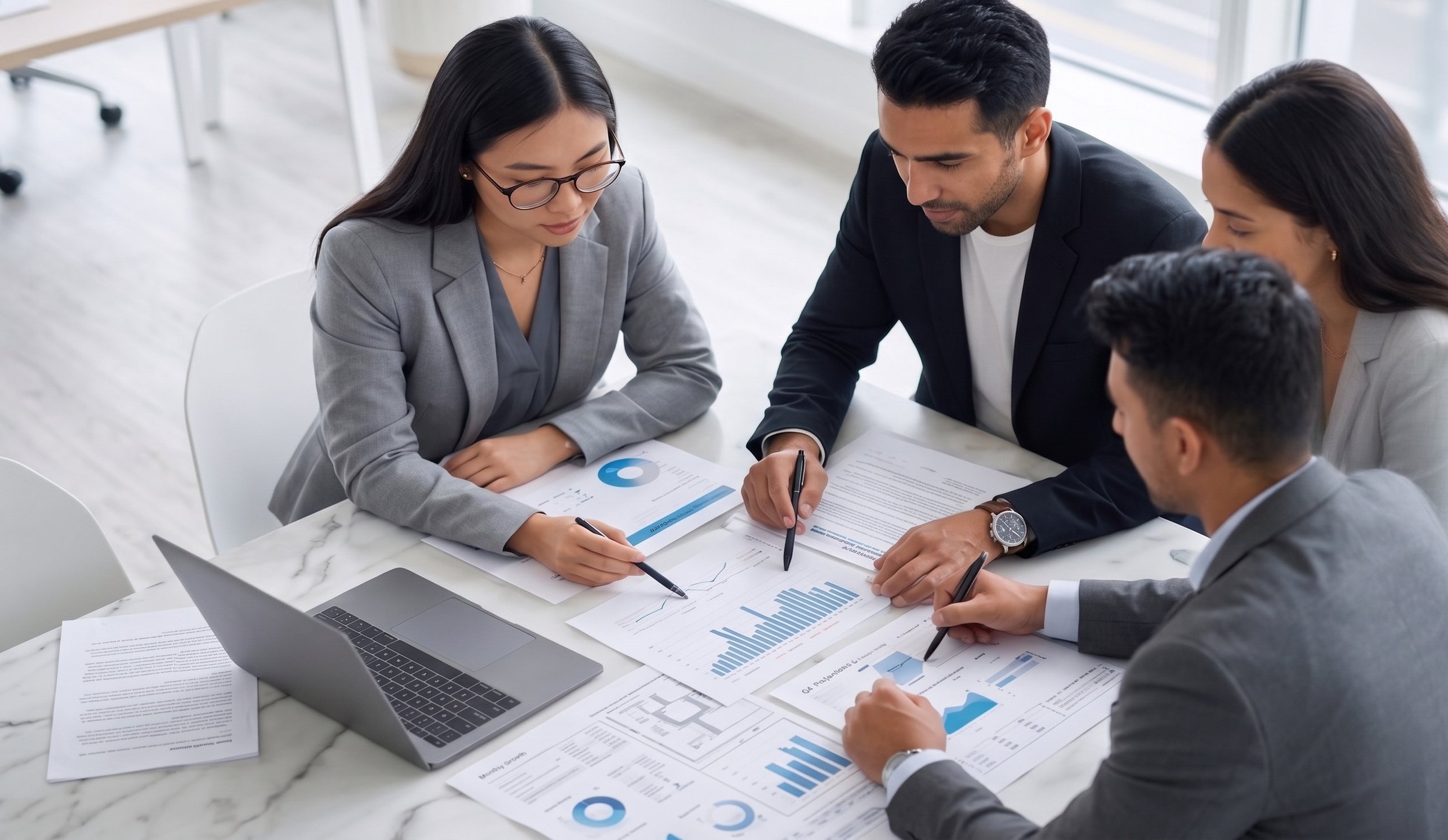 Equipo corporativo analizando gráficos y reportes para la adquisición de talento de NGN Labos Solutions.