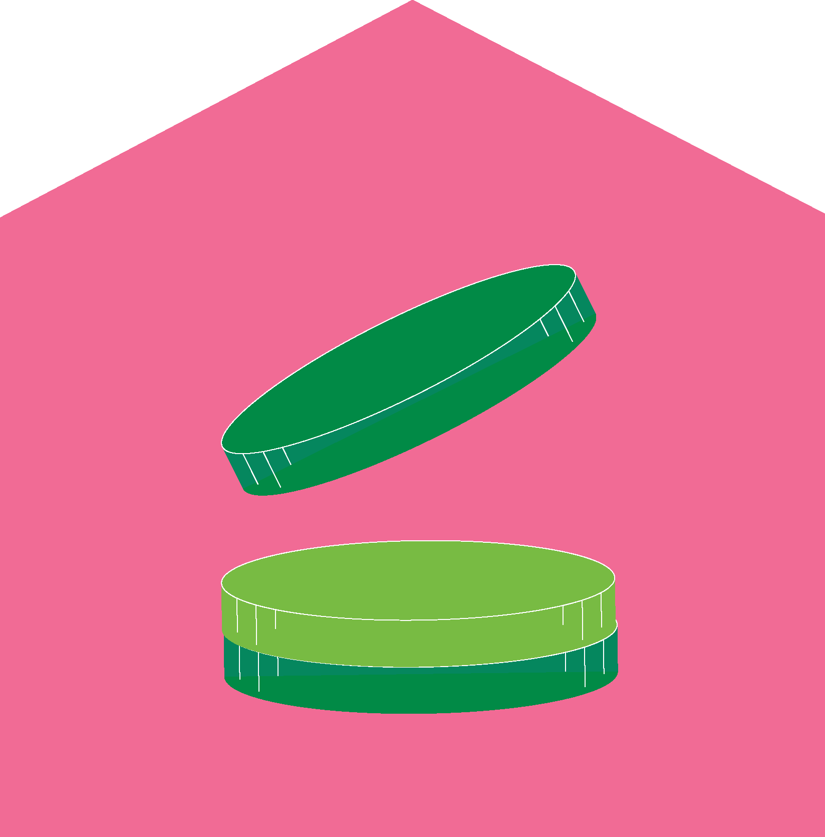 Three coins, one falling into a stack, on a pink background.