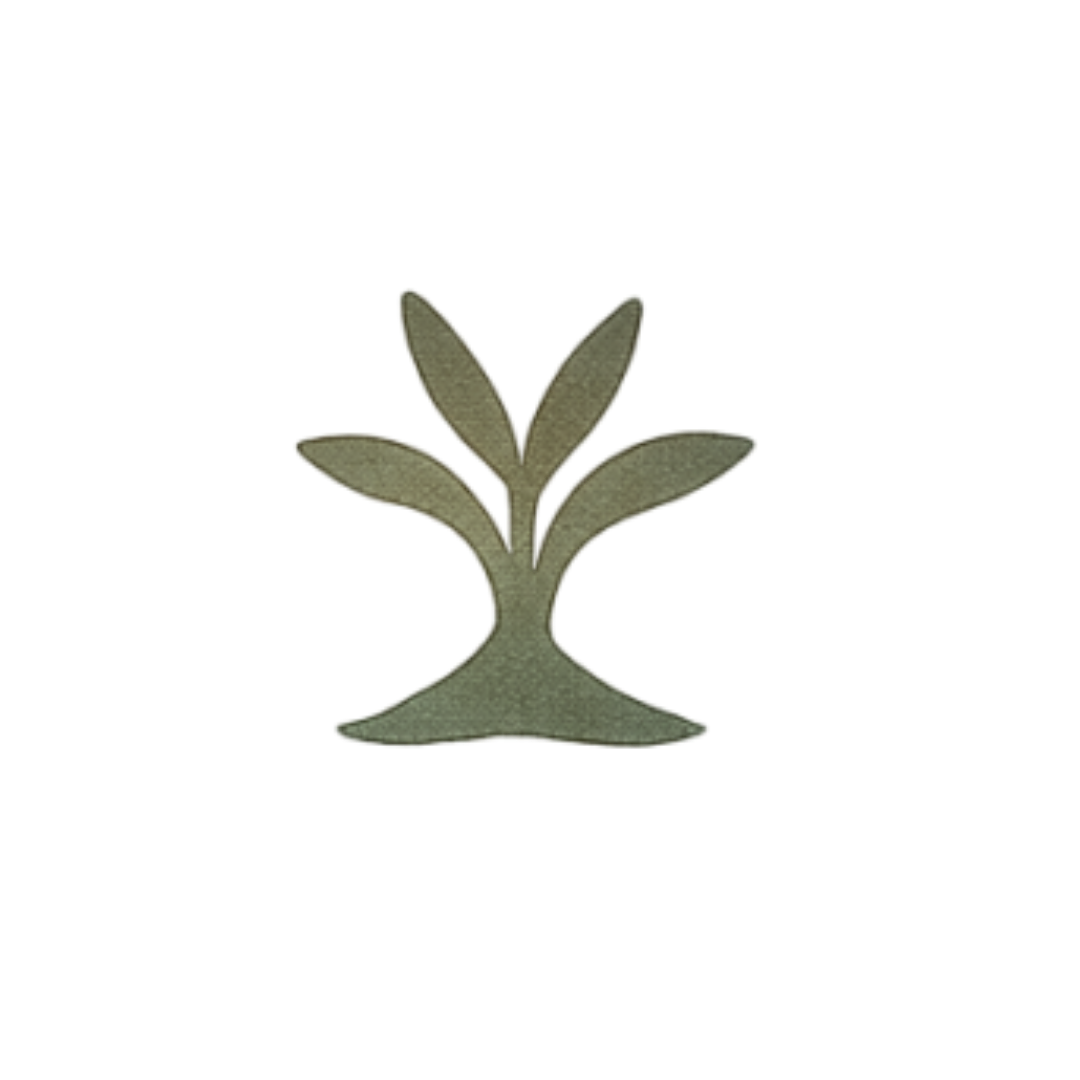 Gray metal sculpture of a small plant with three leaves.