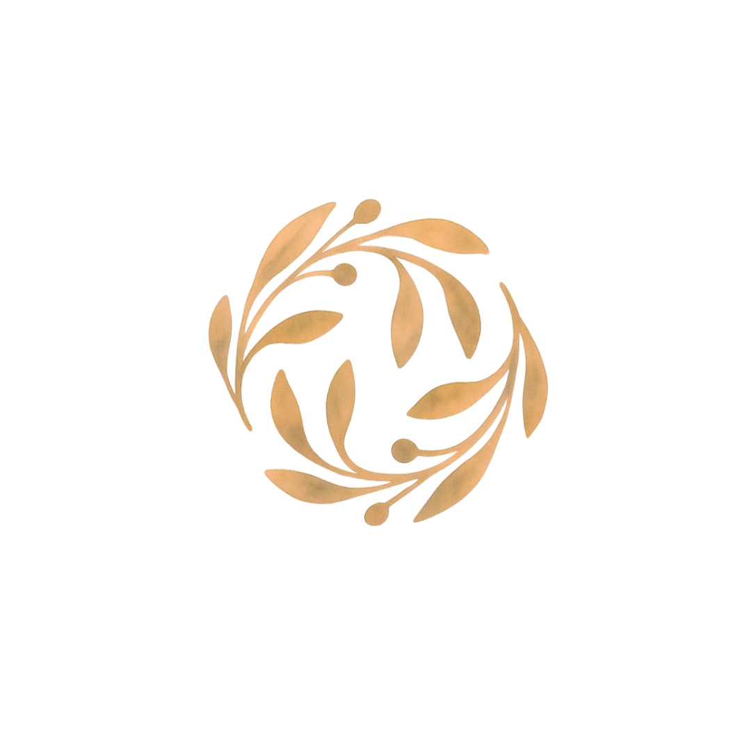 Gold circular laurel wreath design with leaves and small round accents.
