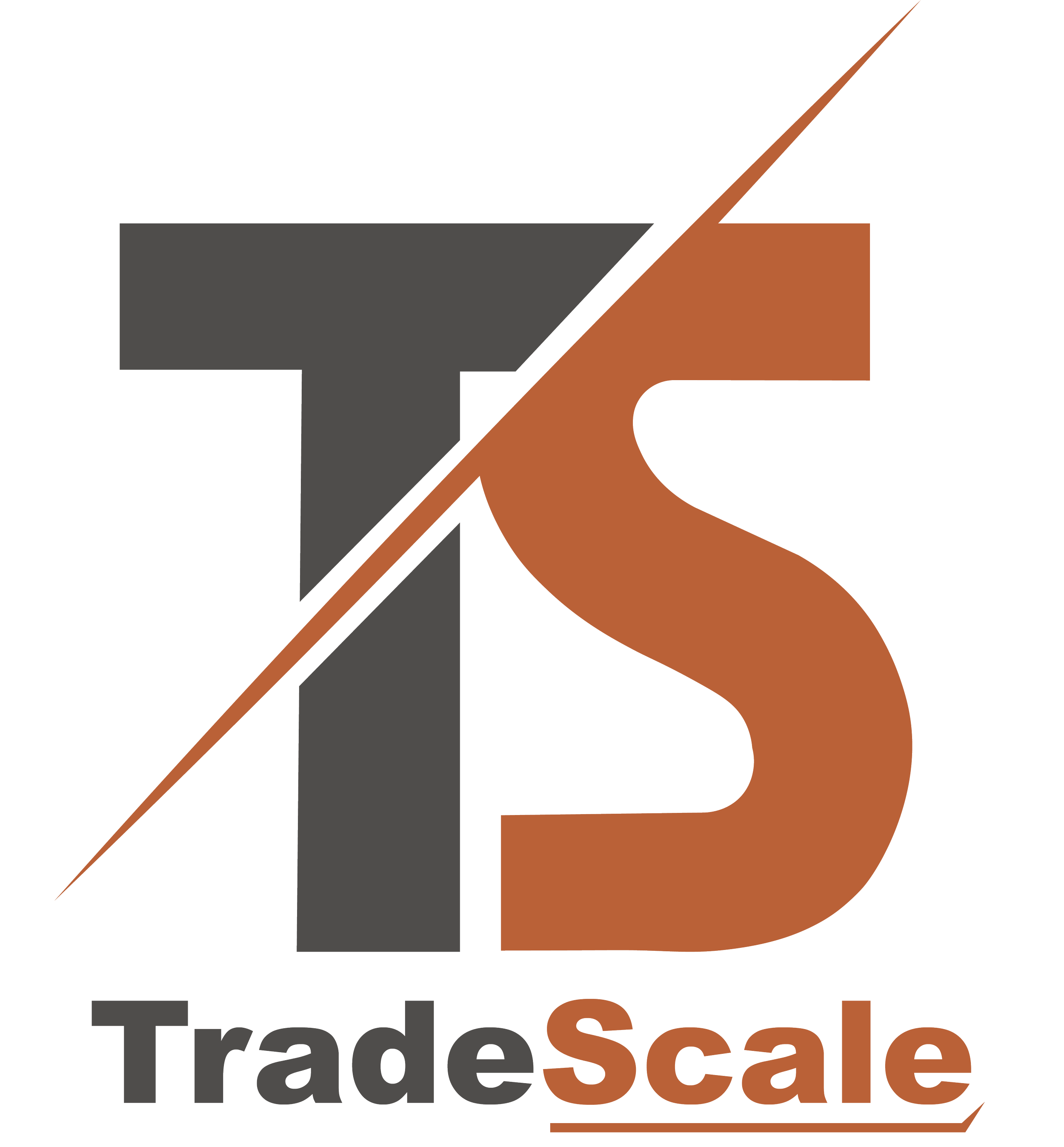 Tradescale logo with a large stylized T and S split diagonally, in gray and brown, with the words "Trade" in gray and "Scale" in brown below the logo.