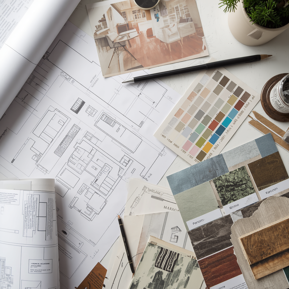 An overhead view of a workspace with architectural blueprints, interior design materials, paint color samples, a photograph of a furnished living room, and writing tools on a white table.