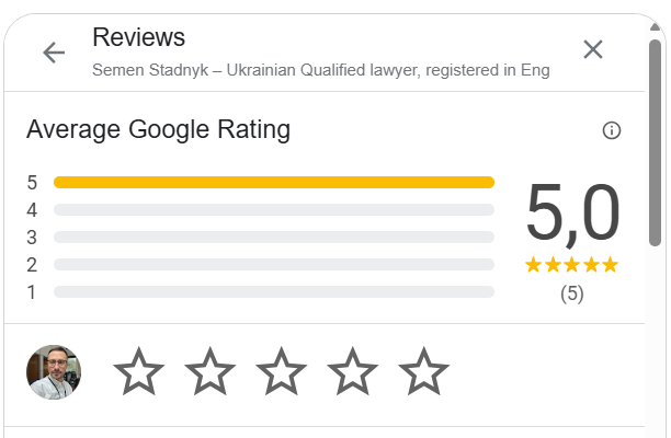 Screenshot of a Google reviews page for a Ukrainian qualified lawyer, showing a 5-star rating based on 5 reviews and an average rating of 5.0.