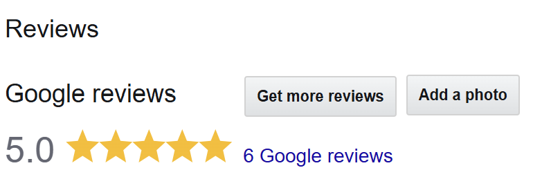 Screenshot of a Google reviews section showing a 5-star rating from 6 reviews and options to get more reviews or add a photo.
