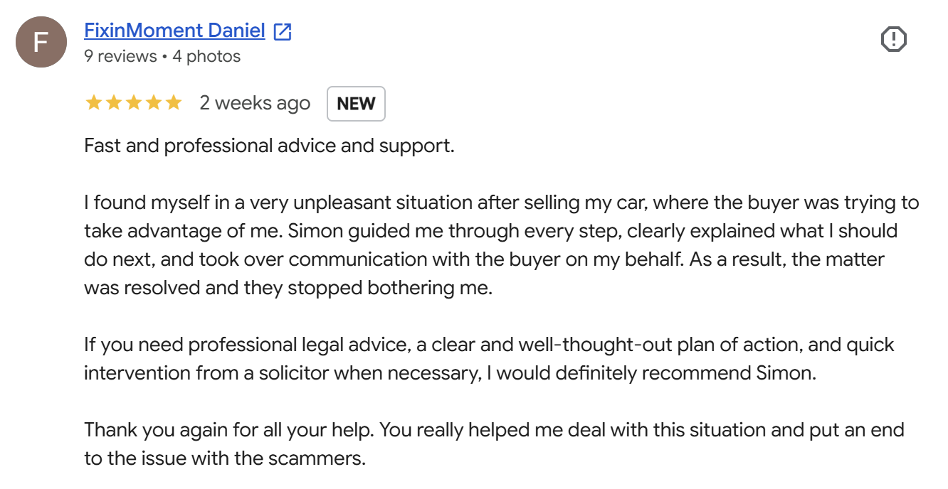 Screenshot of a positive online review for a legal advisor named Simon. The review is written by a client, praising Simon for professional advice, support, and help in resolving a difficult situation with a car buyer.