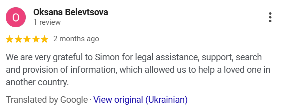 Screenshot of a customer review praising Simon for legal assistance, support, search, and information provision, helping a loved one in another country.