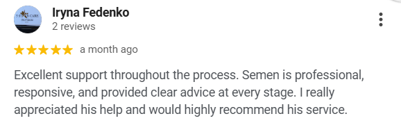 Screenshot of a Google review by Iryna Fedenko praising semen support, professionalism, responsiveness, and helpful advice.