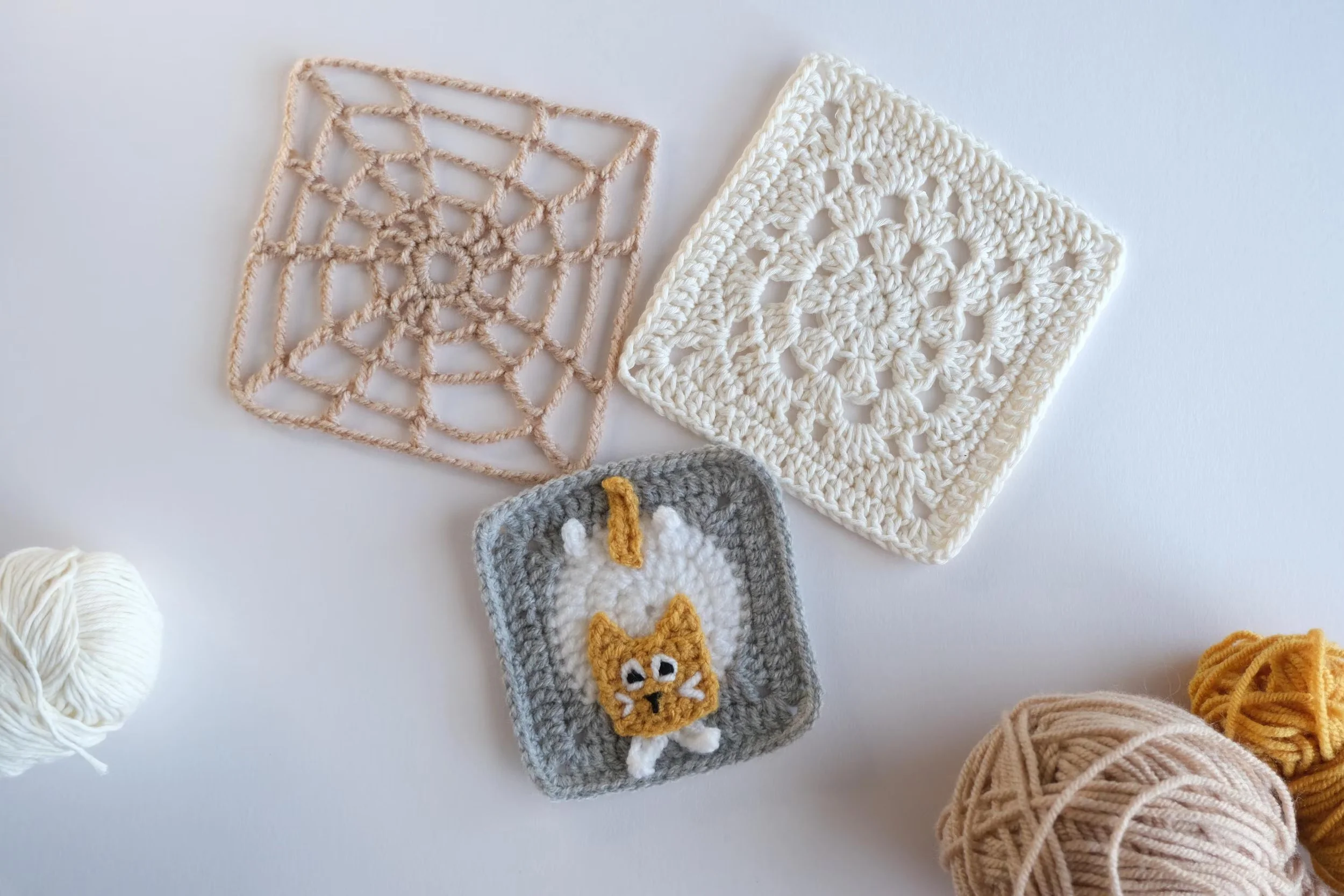 3 Granny Square Pattern Set: Cat, Spider Web and Circle Dance (PDF + video)