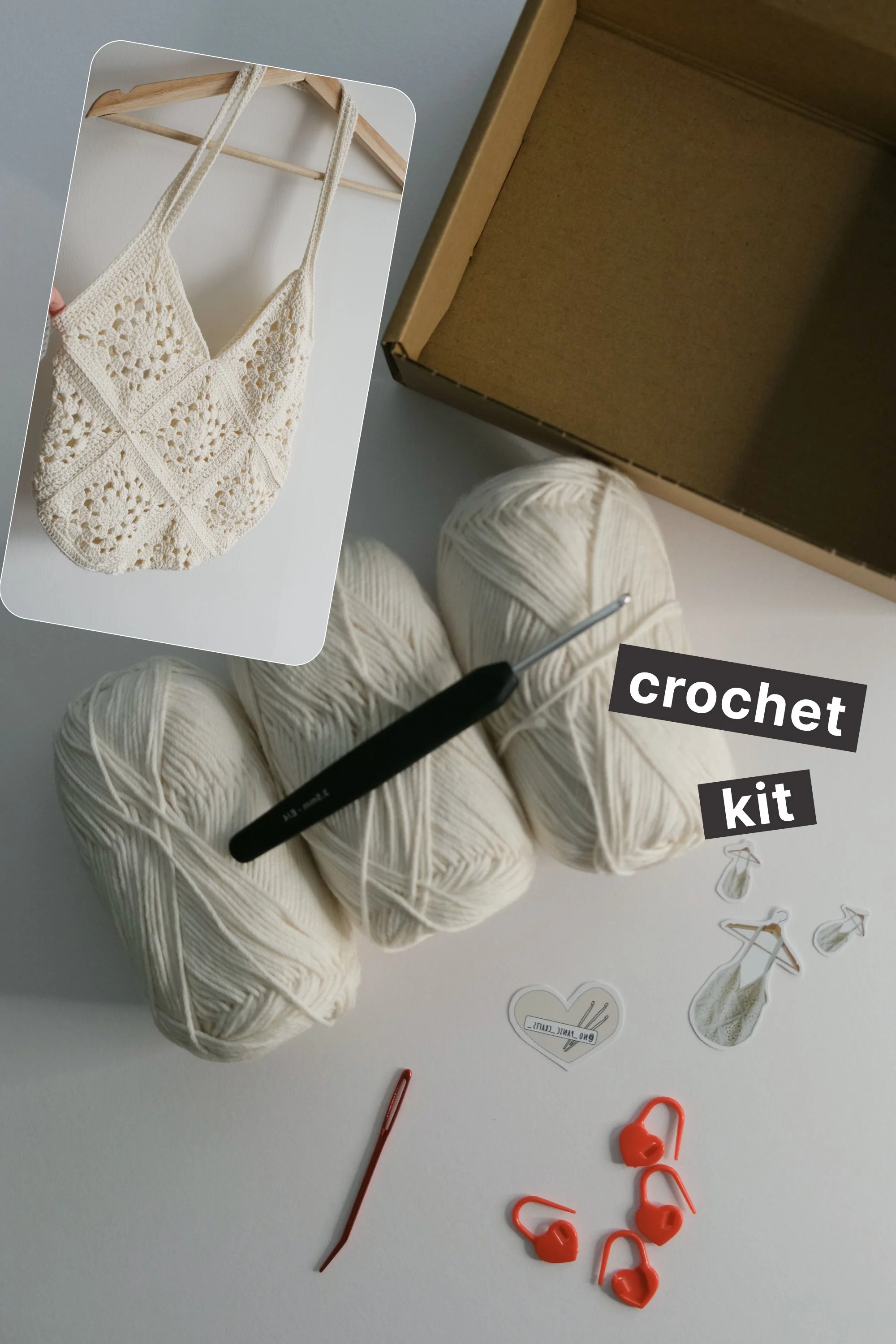 Tote Bag Crochet DIY Kit: PDF pattern + video, yarn, hook & needle