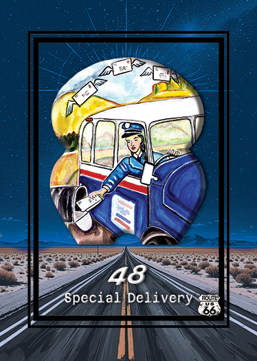 Illustration of a USPS delivery person driving a delivery truck, with Route 66 signage, on a road with desert landscape, and an inset scene of mail flying through the sky.