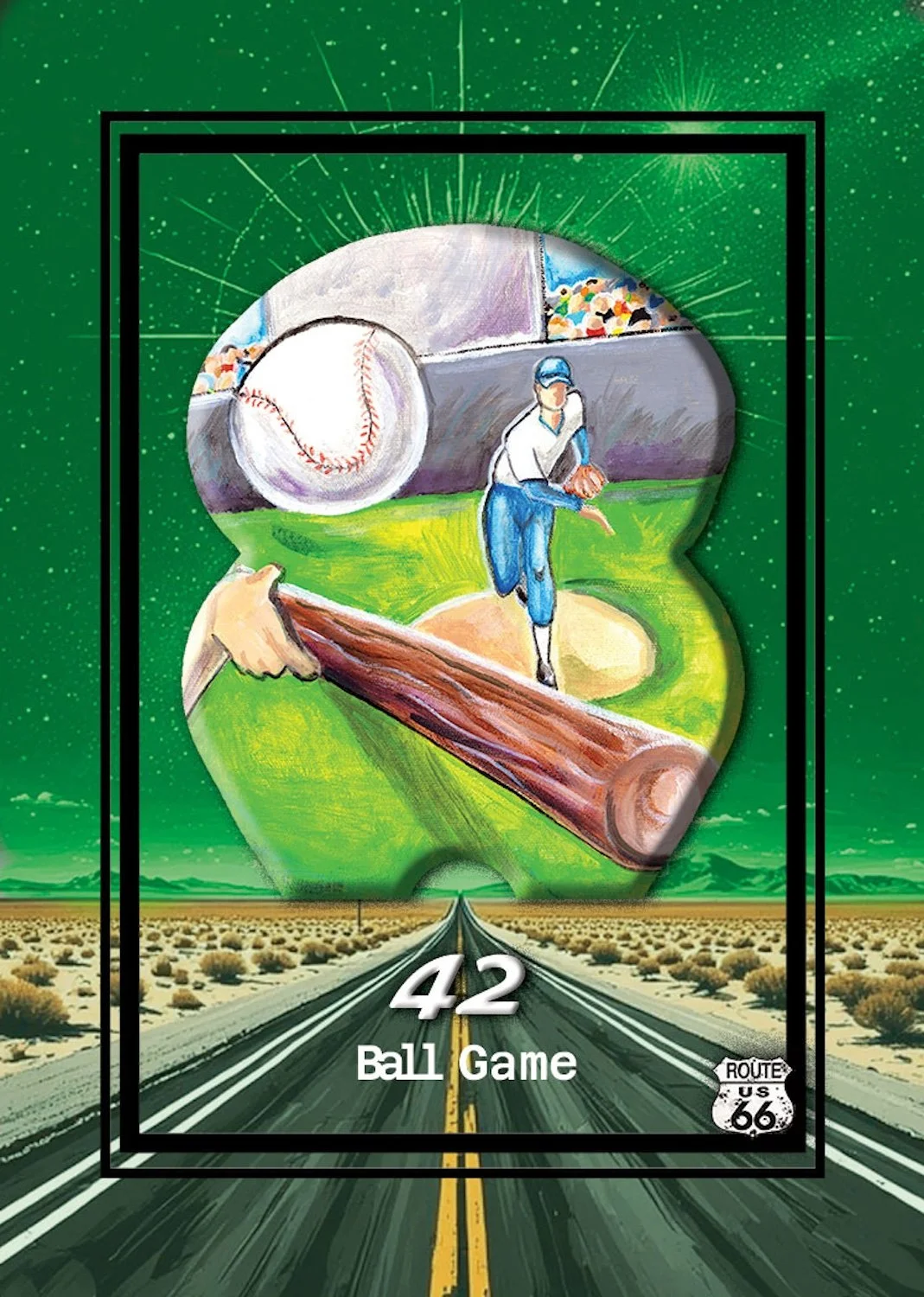 A painted illustration of a baseball game with a pitcher in action, a large baseball in the background, and a crowd of spectators. The scene is framed within the outline of a teapot, set against a desert highway landscape with a Route 66 sign and a starry night sky.