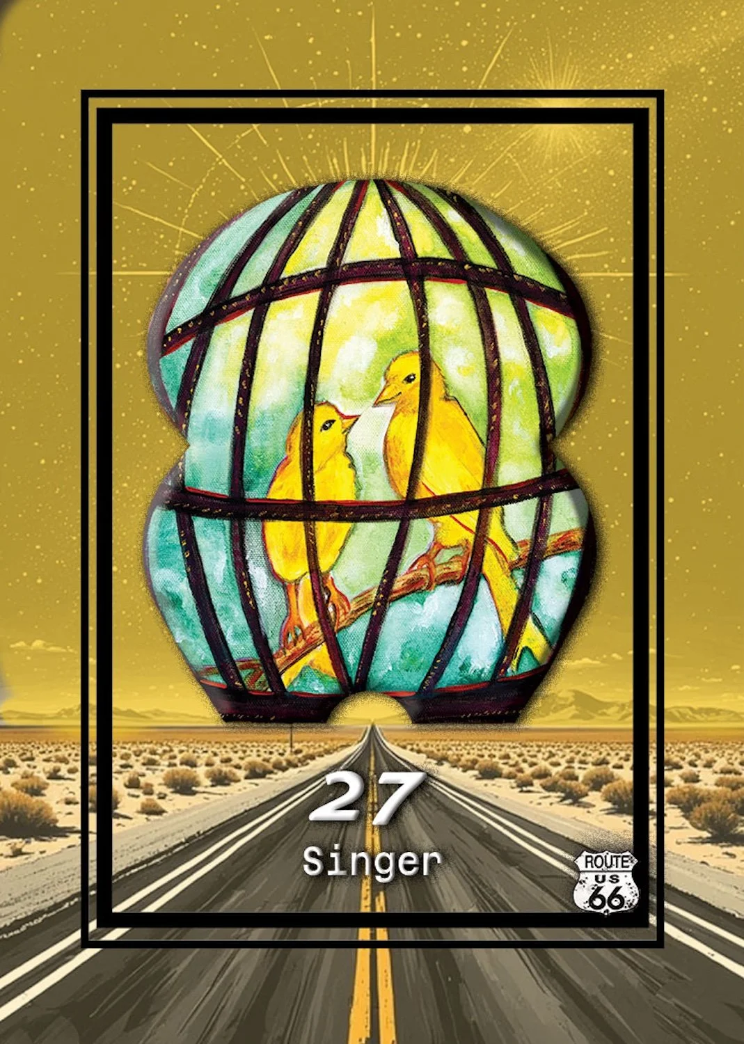 A digital illustration of a Route 66 road stretching into the horizon with a yellow sky. A hot air balloon with stained glass design featuring two yellow birds inside is superimposed over the scene. Text on the image reads '27 Singer' and a small Route 66 shield is in the bottom right corner.