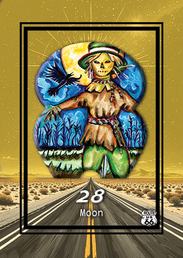 Illustration of a scarecrow with a moon and clouds in the background, a black bird flying nearby, and Route 66 sign, set against a desert landscape with an empty road.