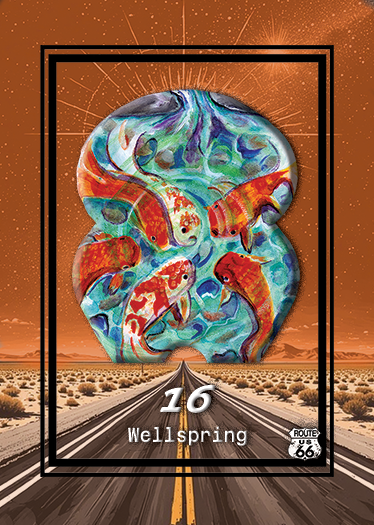 Artwork depicting four colorful goldfish swimming in a swirling water scene, set against a backdrop of a desert highway with a starry sky and the Route 66 sign at the bottom.