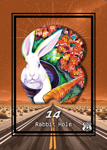 Artistic illustration of a white rabbit with a colorful, abstract background, signifying Rabbit Hole at Route 66.