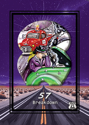 An illustration of a woman sitting in a vintage green car with smoke coming from the engine, a red fire truck in the background, and a distant highway scene, all set against a starry purple night sky with a desert landscape and Route 66 sign.