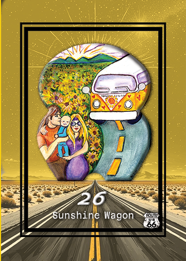 Illustration of a vintage Route 66 sunshine wagon traveling on a highway with a scenic background, including a woman and girl enjoying a moment, and a colorful sunflower field.