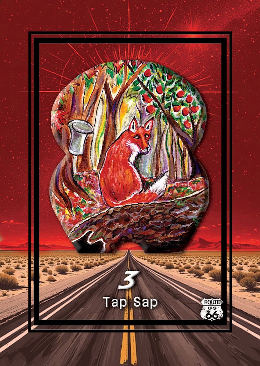 Colorful painted illustration of a fox sitting on a forest floor among trees and berries, with a cartoon-style top hat nearby, set against a red sky with fireworks, on a Route 66 road.