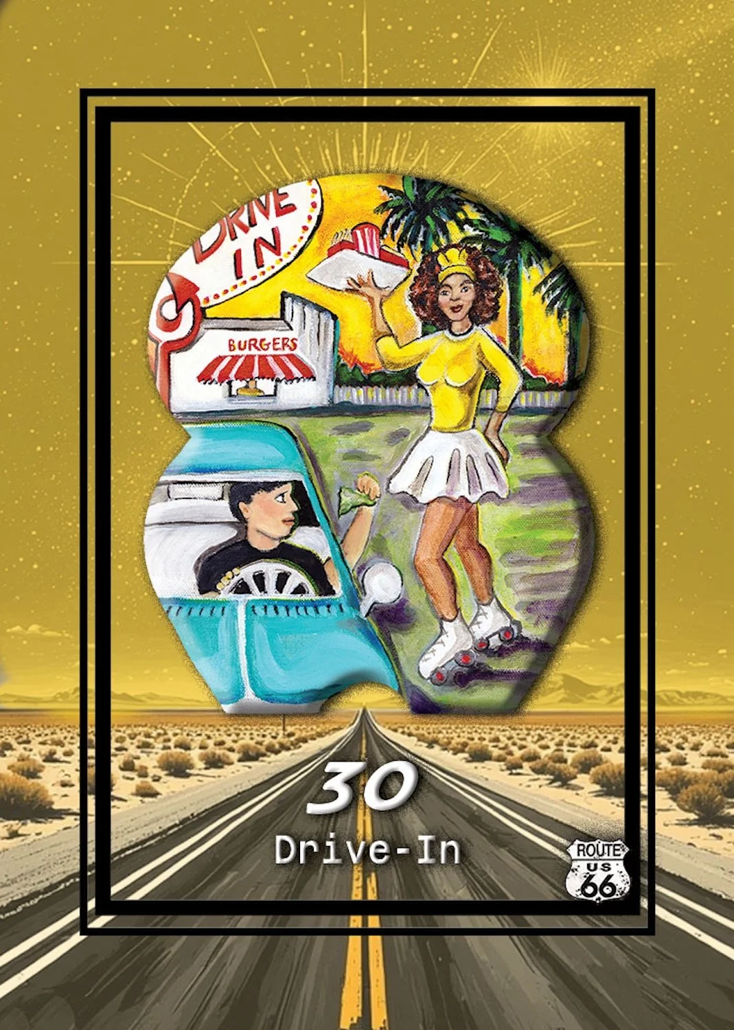 A sign shaped like a keyhole with illustrations of a woman roller skating, a young man in a car, and a drive-in restaurant in the background, set against a desert landscape with a straight road and the Route 66 shield with the number 30.