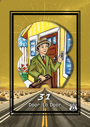 An illustrated card with Route 66 theme showing a woman at home using a smartphone, with a door and window behind her, and a desert road extending into the horizon.