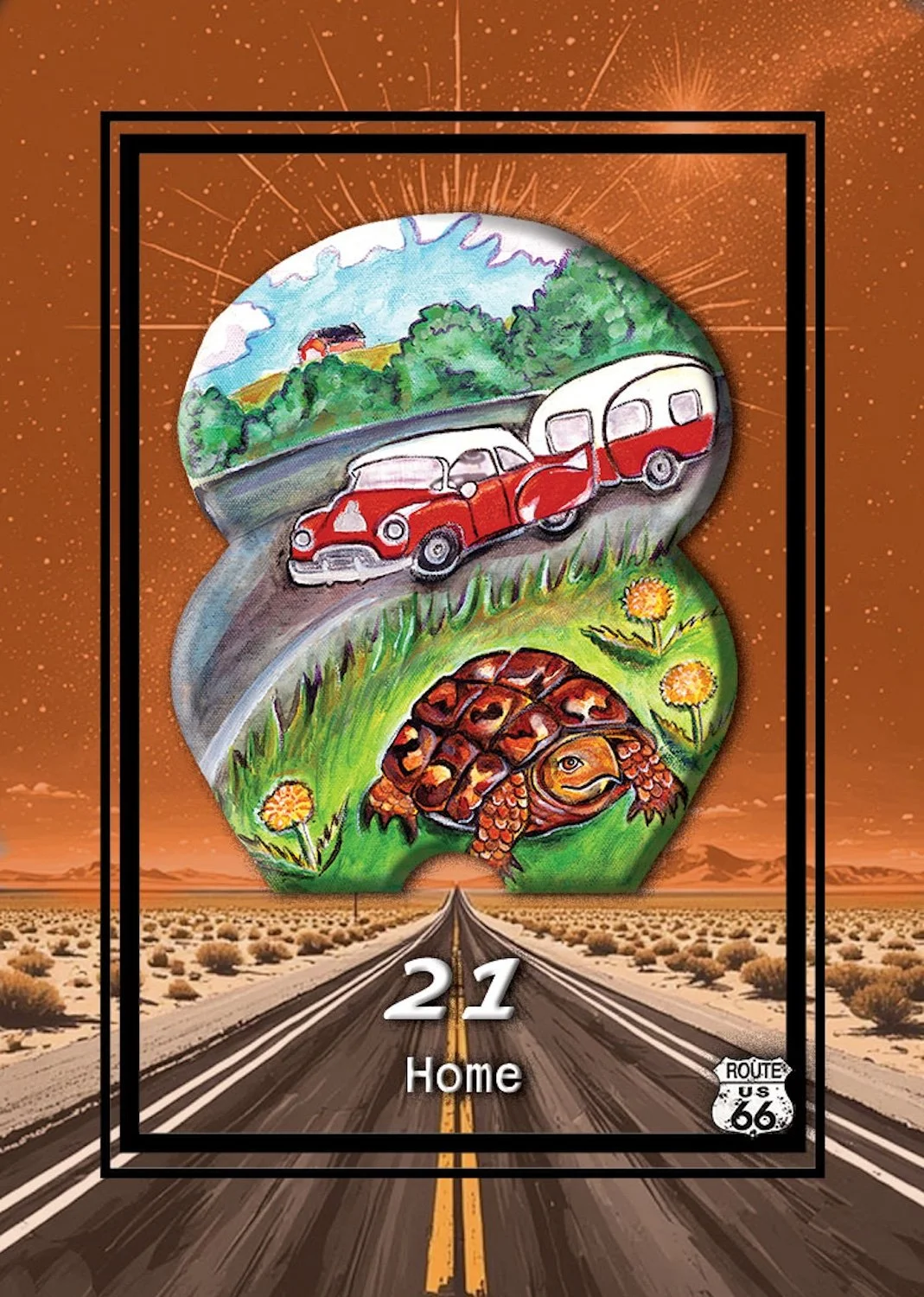 A stylized illustration of a road stretching into the horizon in a desert landscape with mountains and a sunset or sunrise sky. Within a graphic frame, there are images of a red vintage car with a trailer, a turtle, and a scenic background with trees and a house. The text "21 Home" and a Route 66 sign are also displayed.
