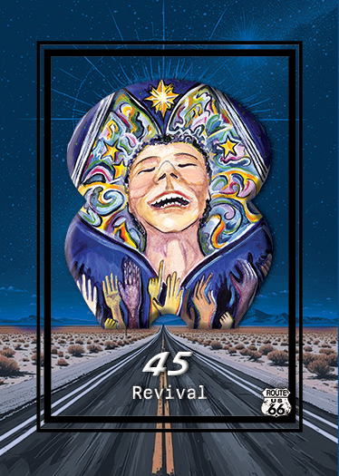 Colorful, surreal artwork depicting a smiling person with closed eyes, surrounded by rainbow-like swirls and stars, with hands reaching up from the ground. The background features a road extending to a starry night sky, with the text '45 Revival' and