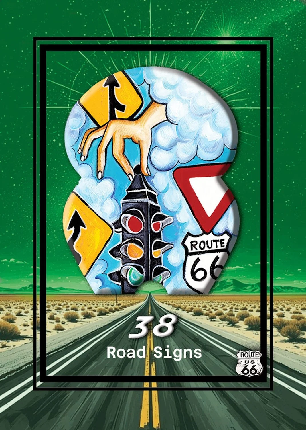 Illustration of road signs, including a yellow detour sign, a red and white triangular sign, a Route 66 sign, and a traffic light. The signs are incorporated into a cloudy sky above a desert highway leading to a distant horizon.
