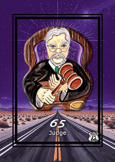 A painting of a judge with gray hair and glasses, holding a gavel, sitting on a judge's bench with a bowl in front, set against a purple starry sky background with a road extending into the horizon.